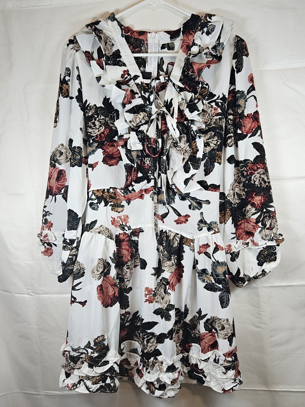 Aa Studio White Long-Sleeve Ruffle Floral Mini Dress with Rose Print